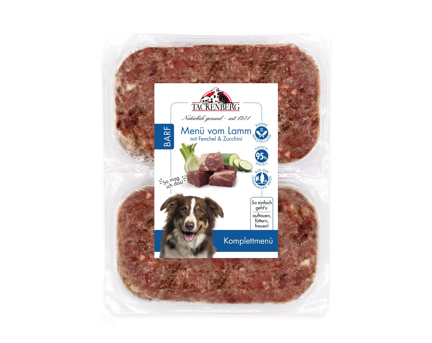 TACKENBERG Barf Menü mit Lammfleisch, Fenchel & Zucchini für Hunde - 14 x 500 g - leckeres Frostfleisch als Hundefutter in Premiumqualität - ohne Zuckerzusatz - Gefrierfutter