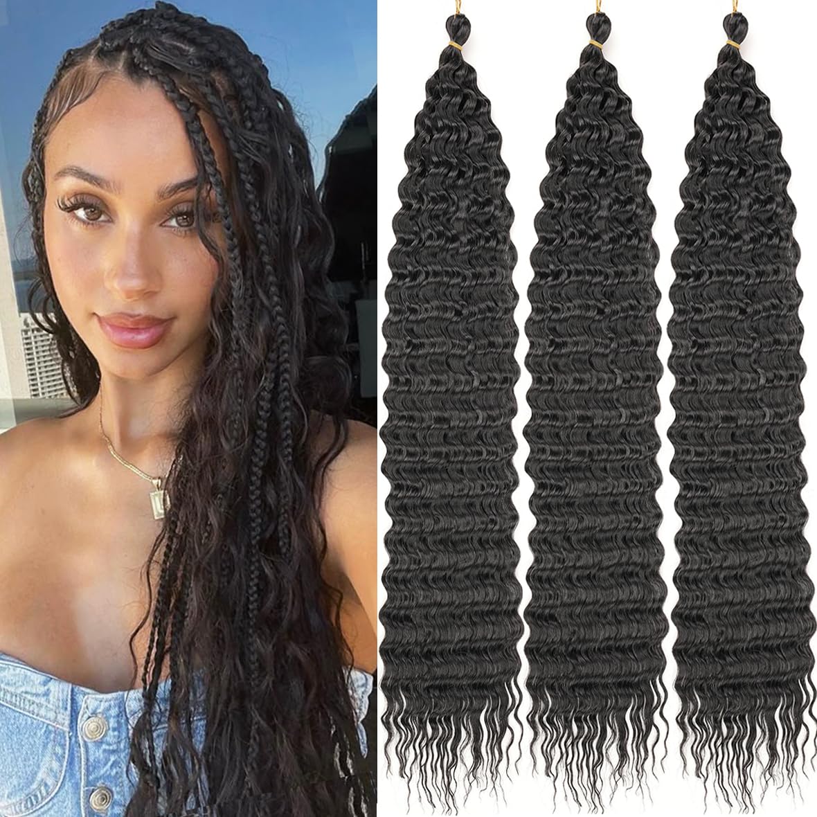 Kachanaa 30 Inch Pre-Separate Black Deep Wave Braiding Hair Extensions Synthetic Crochet Braiding Hair for Goddess Braids 3 Pack Ocean Wave Crochet Hair for Box Braids /1B#