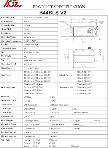 Miniatura 8 de AGFRC Servo de dirección de alto par de torsión de bajo perfil de 34.2 lbs - Servo RC sin escobillas de engranaje de metal digital para aviones de