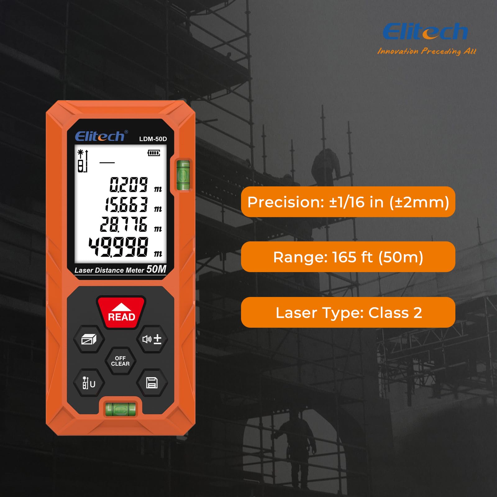 Elitech Laser Measur 50M with 2 Bubble Levels, Digital Laser Distance Meter for Measuring Distance Area Volume Pythagoras - Image 4