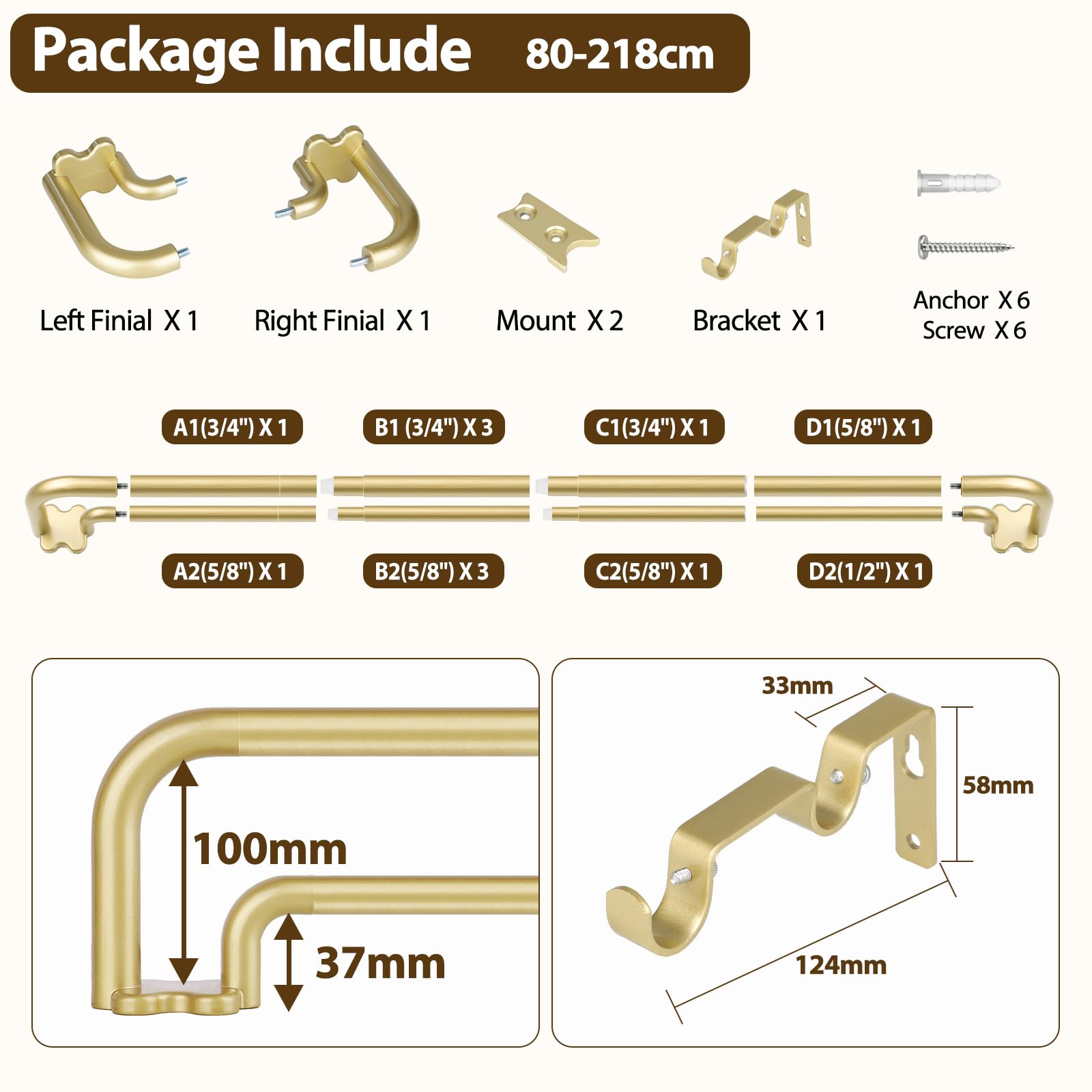 USFOOK Asta Doppia per Tende Oro, Estensibile 80 a 218 cm | Diametro 19 mm, Bastoni Tenda in Metallo, Estremità cilindriche, Design moderno, Per soggiorno, camera, cucina