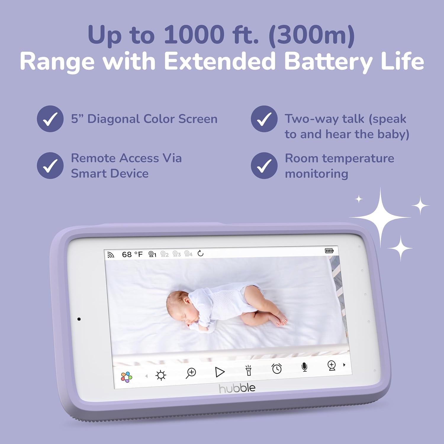 The 5-inch parent unit displaying a baby sleeping in a crib, with icons for temperature, Wi-Fi, and battery life.