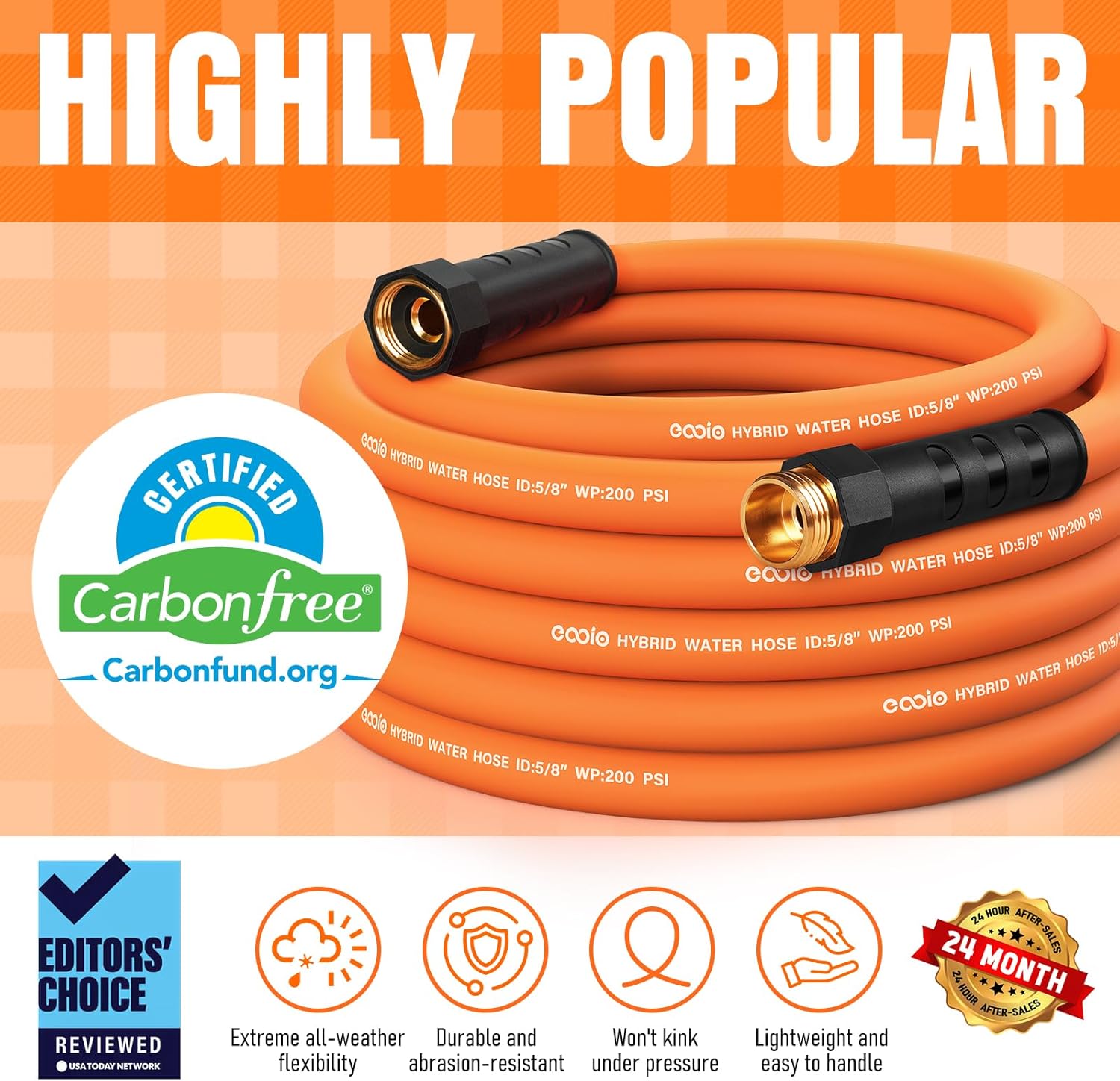 Garden Hose 35 ft x 5/8", NON-EXPANDING Flexible Water Hose, Kink Resistant Lightweight Hybrid Hose, Leakproof Yard Hose with Male to Female Fittings