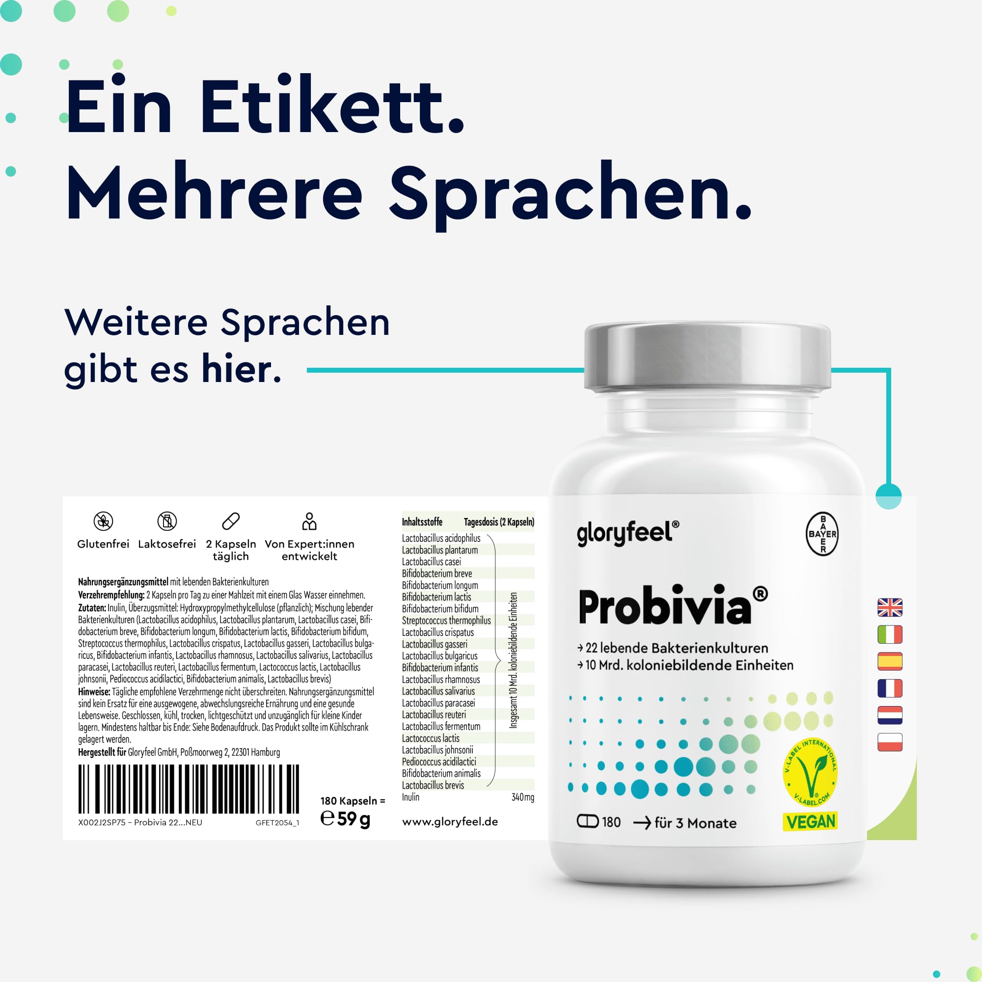 Probivia® Kulturen Komplex 10 Mrd. KBE pro Tagesdosis - 476 Mrd. KBE pro 1g Rohstoff - 22 Bakterienstämme & Inulin - 180 Kapseln - u.a. Lactobacillus, Bifidobacterium