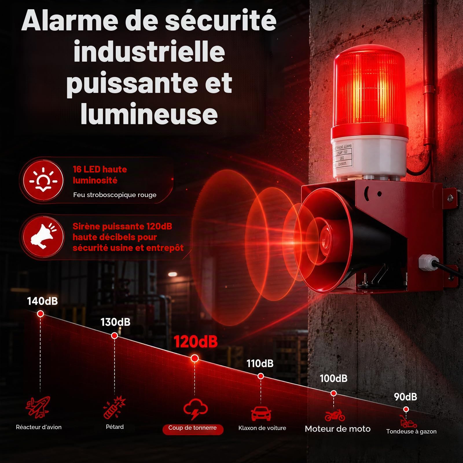 Sirène D'alarme Industrielle, 120 DB avec Lumière Stroboscopique IP65 Lampe LED Industrielle Convient pour Une Utilisation Intérieure et Extérieure Mine Pierre Cour de Sable Prise EU 220 V