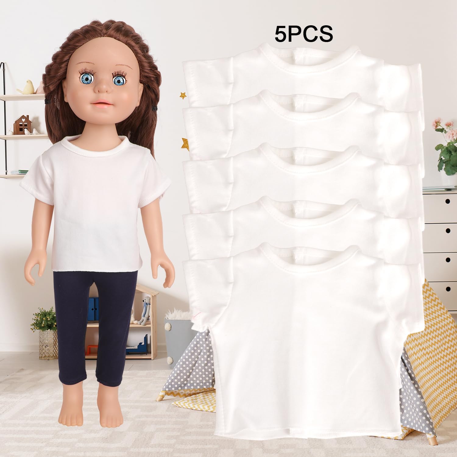 5-Piece Plain White T-Shirts for 17-18 Inch Dolls | DIY Customizable Doll Tees
