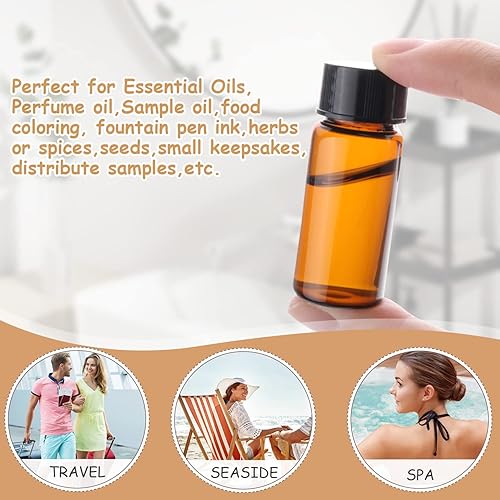 Miniatura 3 de Paquete de 50 botellas de aceite esencial de vidrio ámbar de 0.3 onzas líquidas con tapas de rosca, botella de vidrio de viaje recargable vacía para