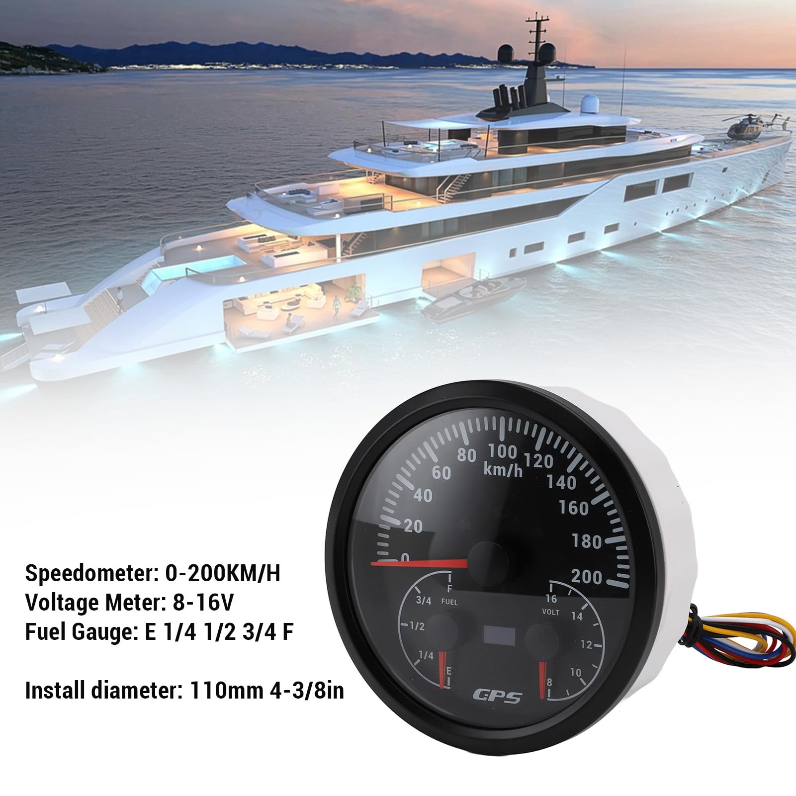 Fabater Marine 110mm Prędkościomierz GPS Wskaźnik Poziomu Paliwa Kierunkowskaz, Urządzenie Wielofunkcyjne 3 w 1 do Ciężarówki RV Yacht, 1 X Wiązka Przewodów w Zestawie (Czarna tarcza i czarna ramka