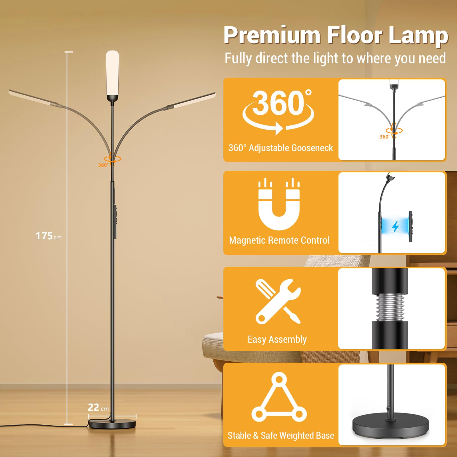Lámpara de Pie LED Regulable 18W 1200LM con Mando y Control Táctil - 4 Temperaturas Color & 4 Niveles Brillo - Luz para Leer en Salón, Dormitorio, Oficina - Negro