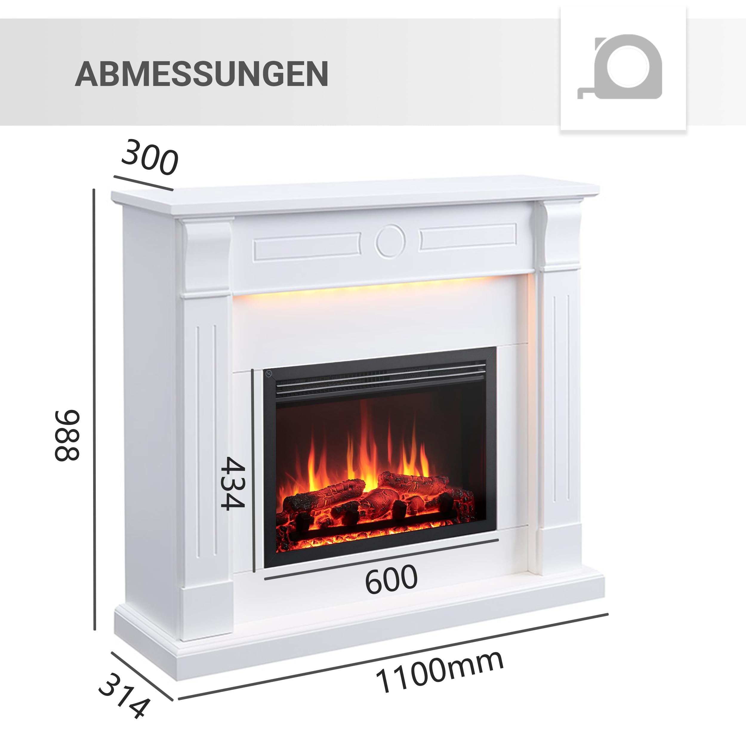 Elektrokamin BALDERIA Hikaru - Standkamin mit Heizung bis 2000W, 3D-Flammeneffekt, LED-Beleuchtung, Knister-Sound, App-Steuerung, WiFi, Fernbedienung, Timer, Thermostat - Weiß