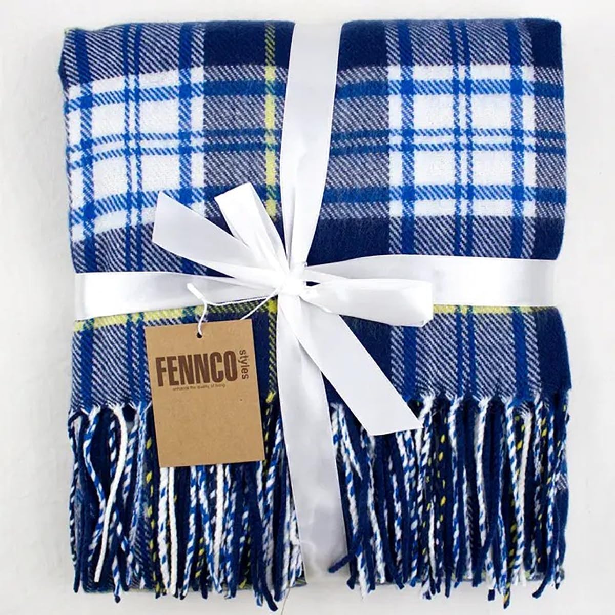 Fennco Styles Cozy Plaid Design Throw Blanket with Fringes 50" W x 60" L - Navy Blue Soft Rustic Blanket for Home, Couch, Bedroom, Living Room, Office, and Holiday Décor