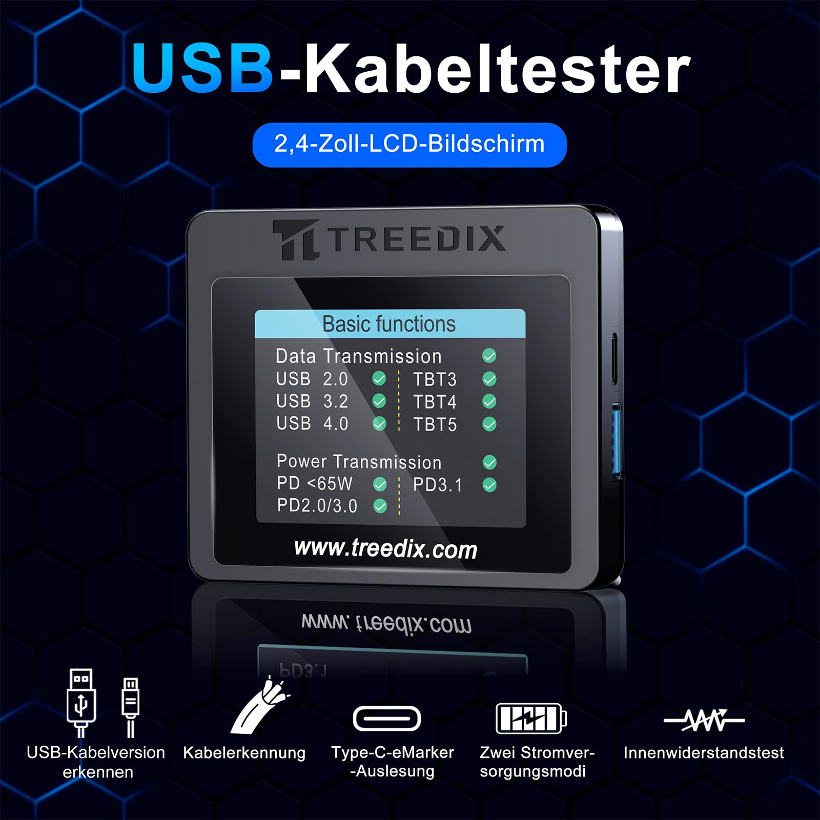 Treedix USB-Kabeltester, 2,4-Zoll-Farbdisplay USB-C-Kabeltester,USB-Tester unterstützt Kabeltests, Widerstandstests, Type-C eMarker für Lightning, Micro-B 2.0, Micro-B 3.0, Type-C, Mini-B