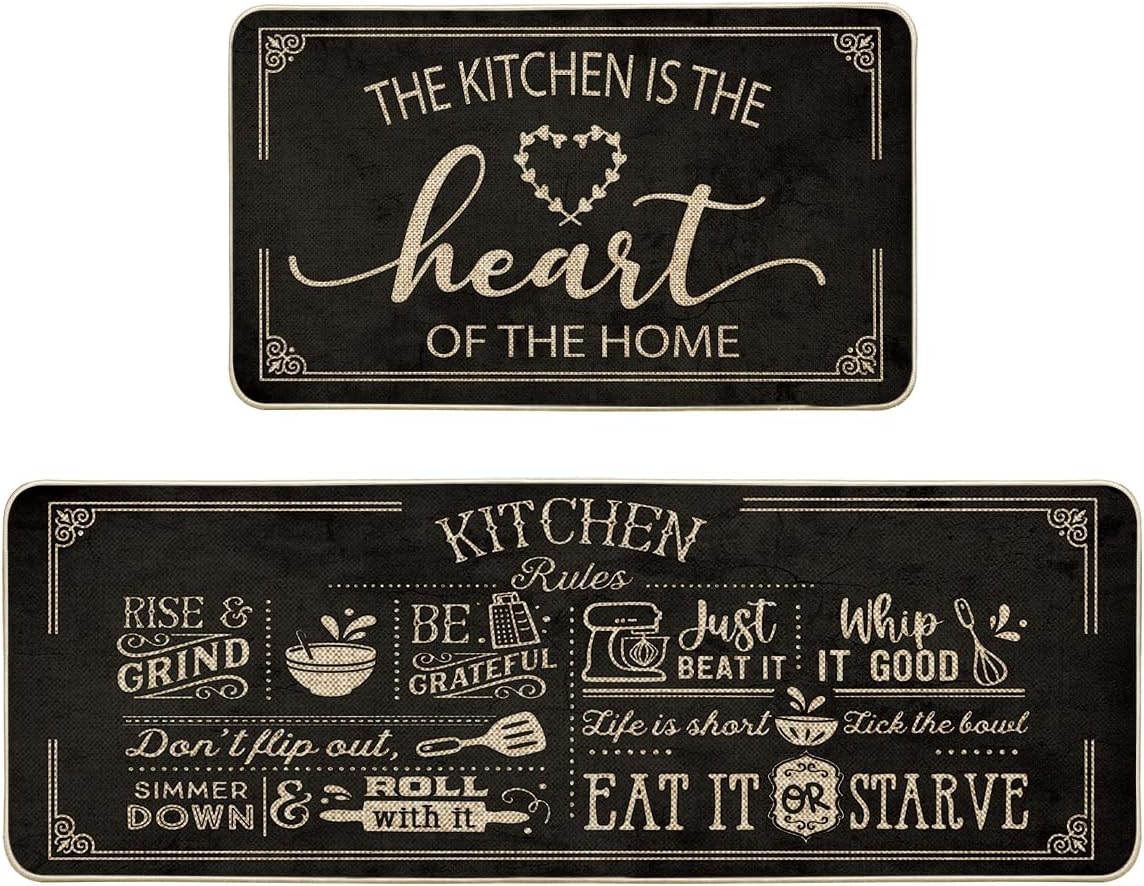 Artoid Mode Kitchen Mats Set of 2 - 'The Kitchen is The Heart of The Home' Black Non-Slip Low-Profile Rugs, 17x29 & 17x47 Inch Holiday Decor