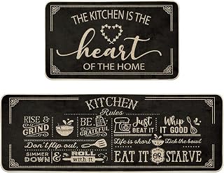 Artoid Mode Kitchen Mats Set of 2 - 'The Kitchen is The Heart of The Home' Black Non-Slip Low-Profile Rugs, 17x29 & 17x47 Inch Holiday Decor