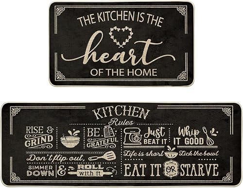 Artoid Mode Juego de 2 tapetes de cocina negros con diseño de The Kitchen is The Heart of The Home Holiday Party de bajo perfil para la cocina del