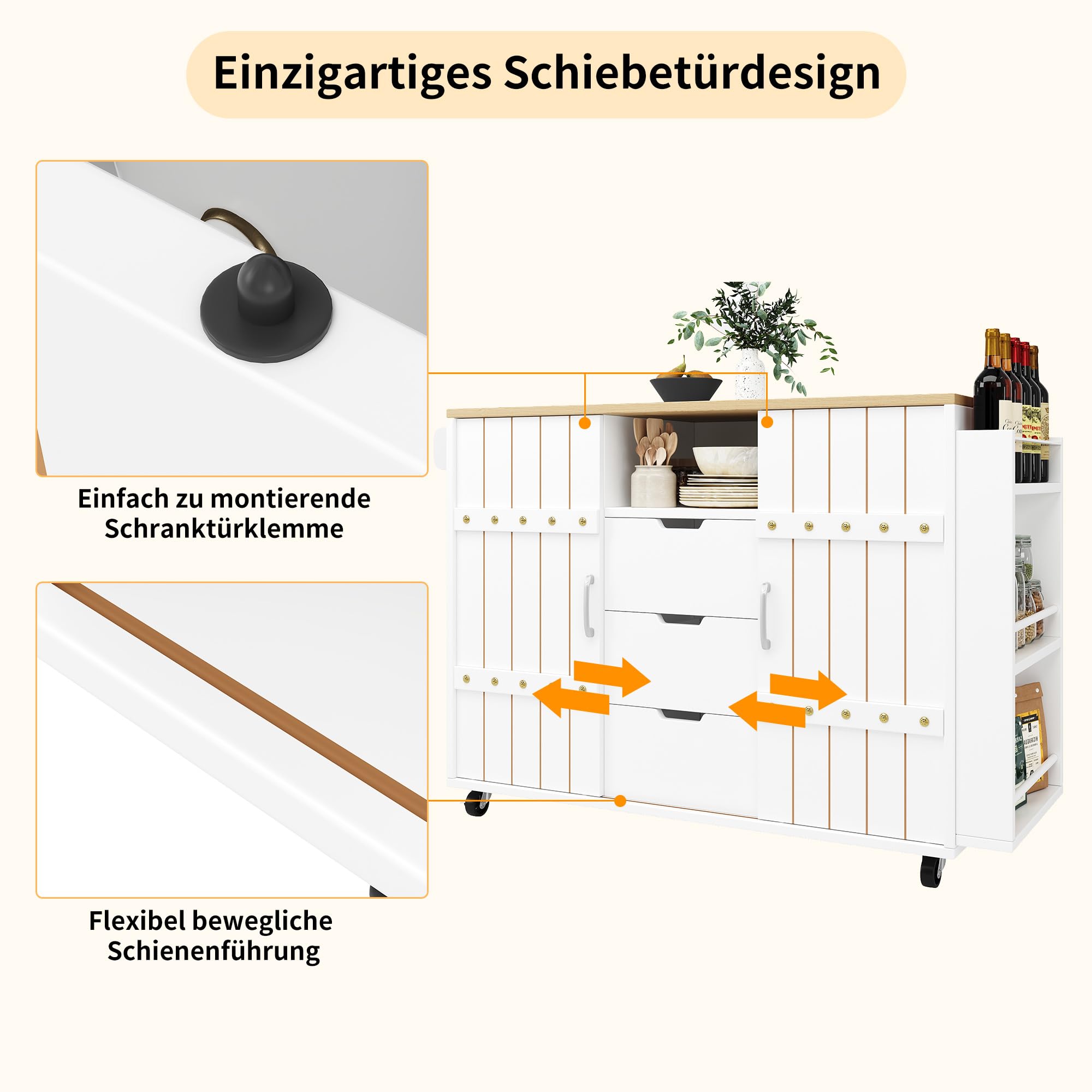 Küchenschrank, Servierwagen mit Holzmaserung, Küchenwagen mit Rollen und Arbeitsplatte, mit Gewürzregal und Handtuchhalter, Kücheninsel mit Schiebetüren und Schubladen, Weiß