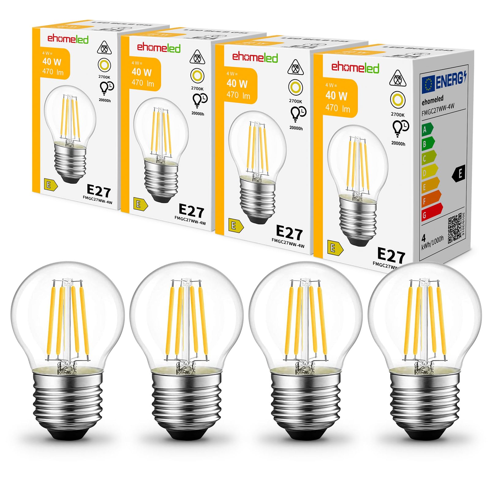 ehomeled E27 Screw LED Bulbs, G45 Filament Vintage Golf Ball Bulb, 4W, 40W Equivalent SES E27 Mini Globe Clear Glass Bulb, Warm White 2700K 470LM, Energy Saving Light, Non-Dimmable, 4 Pack