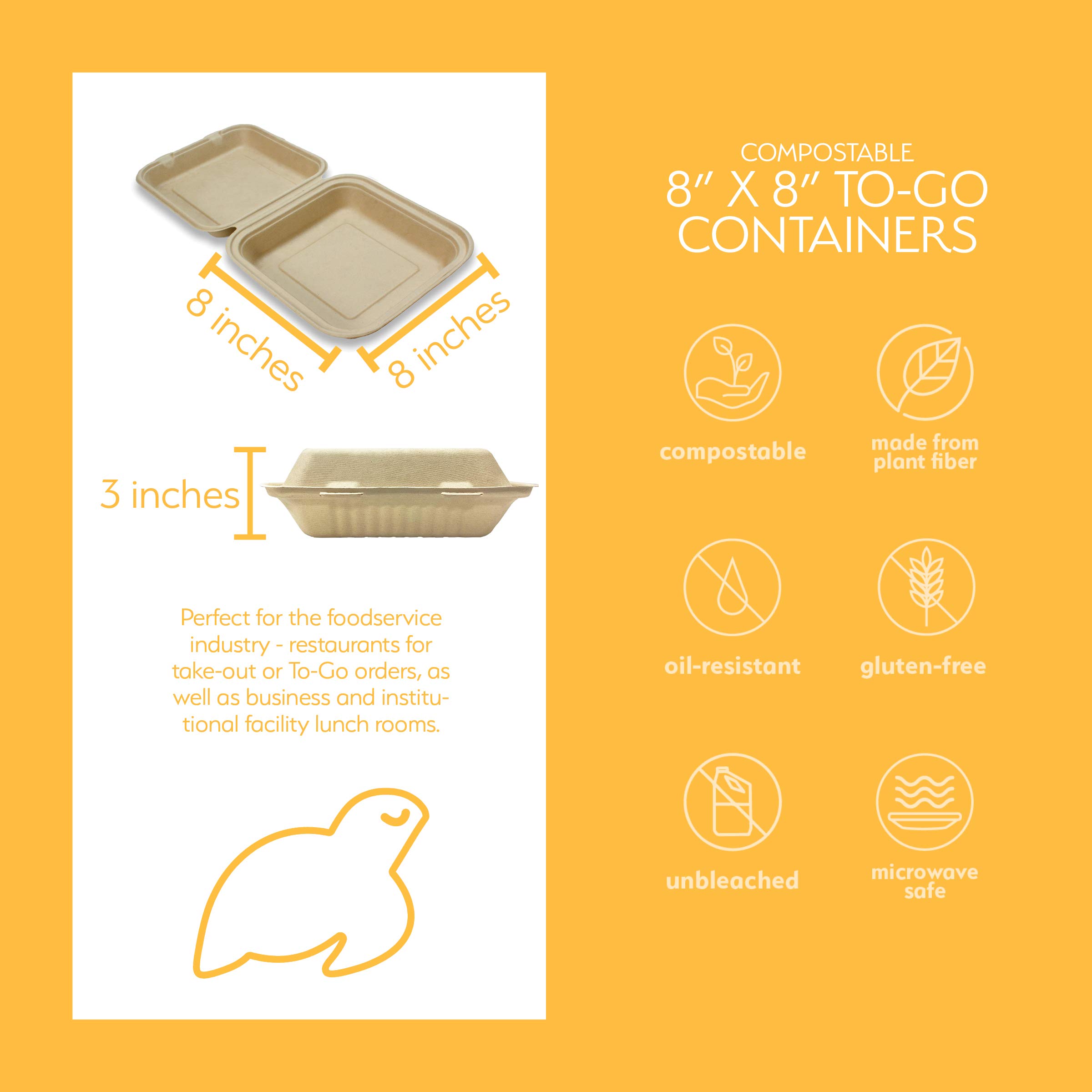 100 Compostable Disposable Food Containers with Lids [8”X8” 200 Pack
