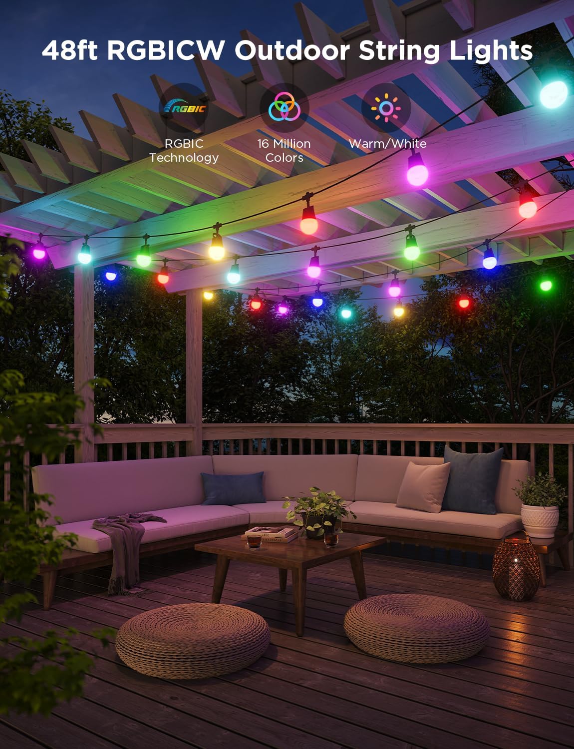 Govee Smart Outdoor String Lights 2, 48ft Outdoor Lights with Dimmable Warm White LED Bulbs, 47 Scene Modes for Patio, Backyard, Balcony, IP65 Waterproof, Works with Alexa, App Control