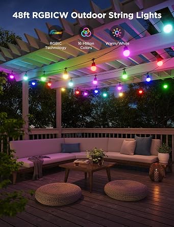 Govee Smart Outdoor String Lights 2, 48ft RGBIC Patio Lights with 15 Bulbs | Dimmable Warm White LED Bulbs, IP65 Waterproof, 47 Scene Modes for Backyard, Balcony, Work with Alexa, App Control