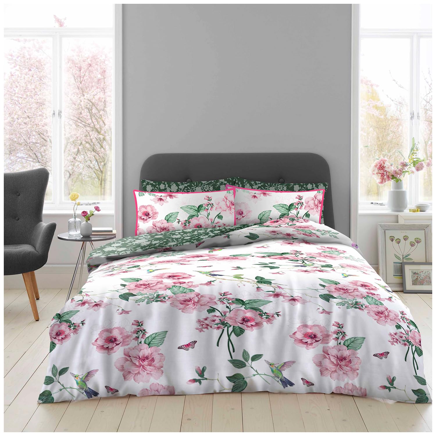 GC GAVENO CAVAILIA Botanical Floral Printed Pink Bedding Sets, Blossom Single Duvet Cover Set, Luxury Reversible Green Quilt Cover Set With Pillow Case
