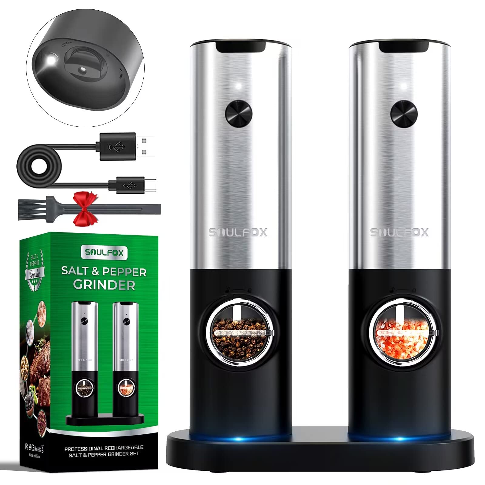SoulFox Electric Salt and Pepper Grinder Set with USB Rechargeable - No Battery Needed - One Handed Operation - White Light - Adjustable Coarseness Automatic Electronic Spice Mill Shakers Refillable