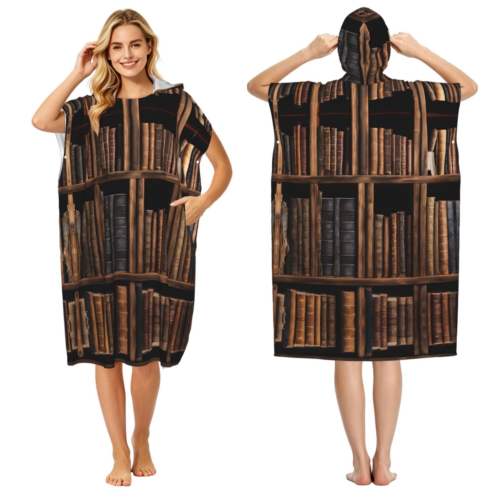 Poncho à capuche imprimé bibliothèque en microfibre pour adulte homme et femme