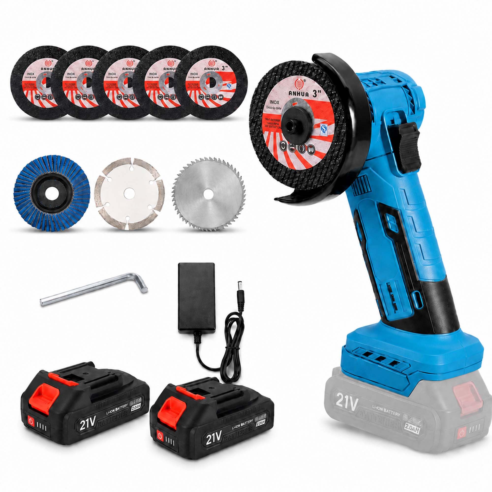 Mini amoladora 21V Max, 76 mm, sin escobillas, 2 baterías, 19.000 rpm | 8 discos para metal, azulejos, madera, plástico y PVC, ideales para cortar, lijar y trabajar distintas superficies.