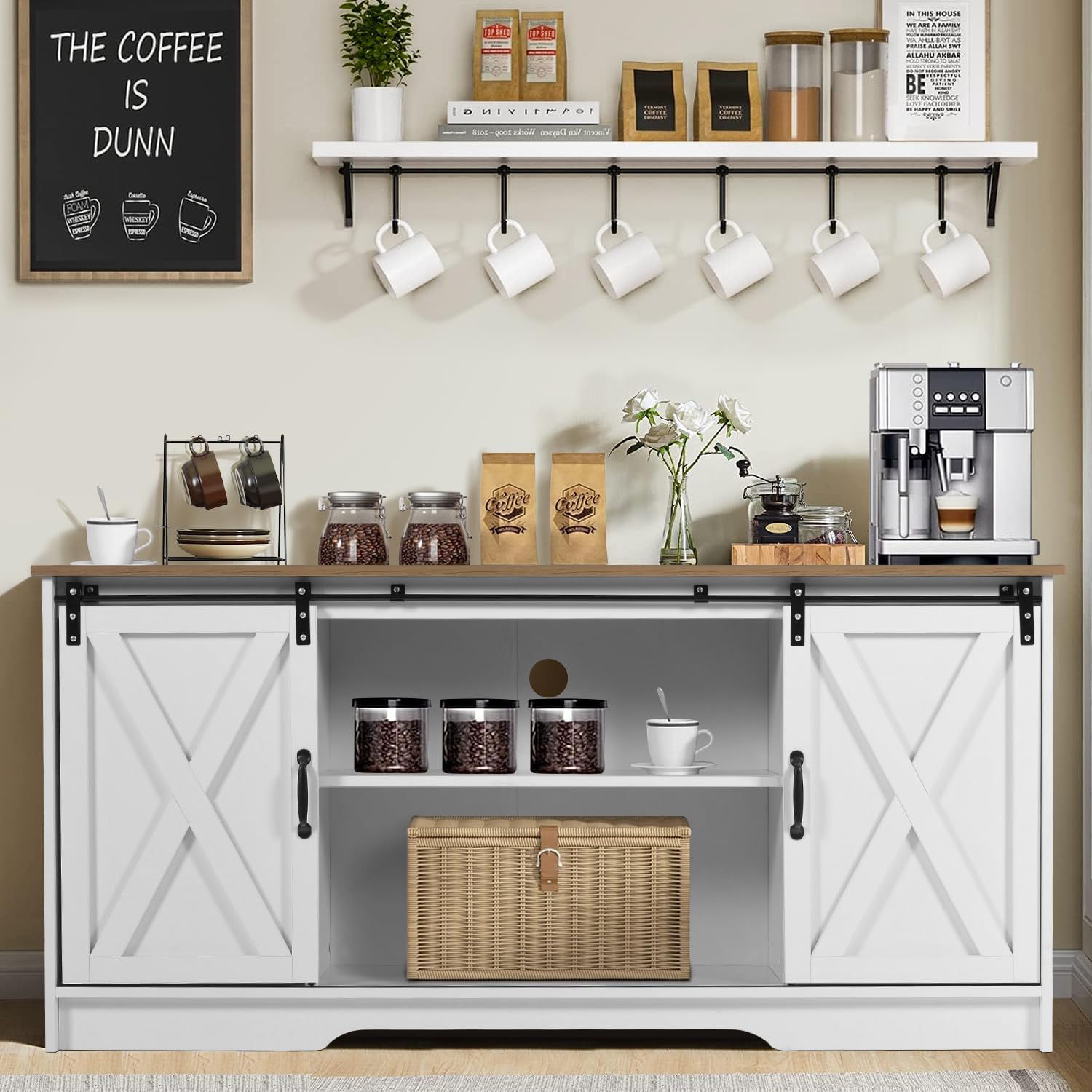 4ever2buy Farmhouse Coffee Bar Cabinet with Storage, 59'' Kitchen Buffet Cabinet with Sliding Barn Door, Sideboard Buffet Cabinet with Adjustable Shelf, White Coffee Bar for Living Dining Room