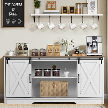 4ever2buy Farmhouse Coffee Bar Cabinet with Storage, 59 Kitchen Buffet Cabinet with Sliding Barn Door, Sideboard Buffet Cabinet with Adjustable Shelf, White Coffee Bar for Living Dining Room