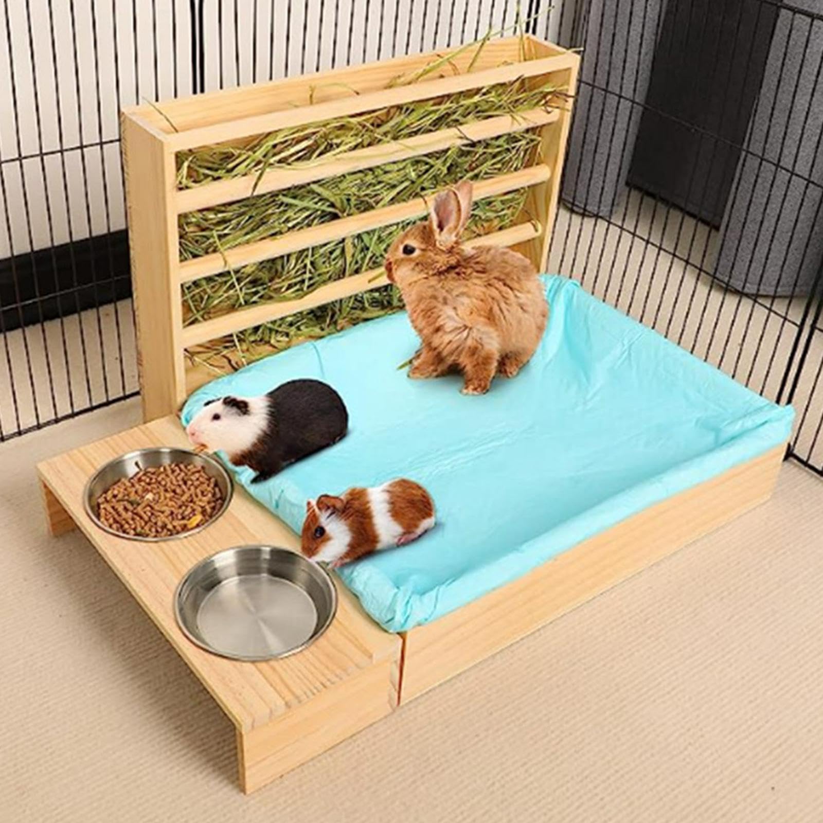 Comedero de de Madera con Bandeja de Arena, Comedero para Conejos, Pesebre.