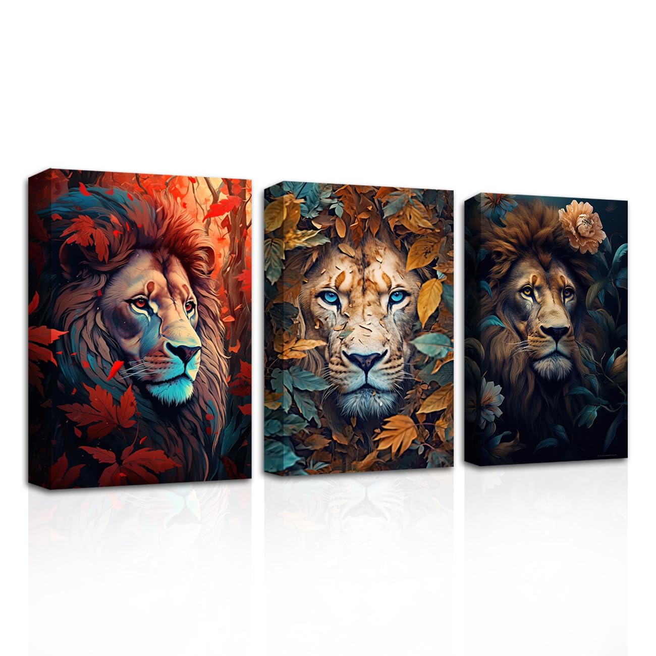 CXHOSTENT Jungle Lion Wall Art - 3 Piece Lion with Flowers & Leaves Canvas Prints - Jungle Wildlife Animal Posters - Office Decor (3PCS, 40.00 x 60.00 cms) — image 1