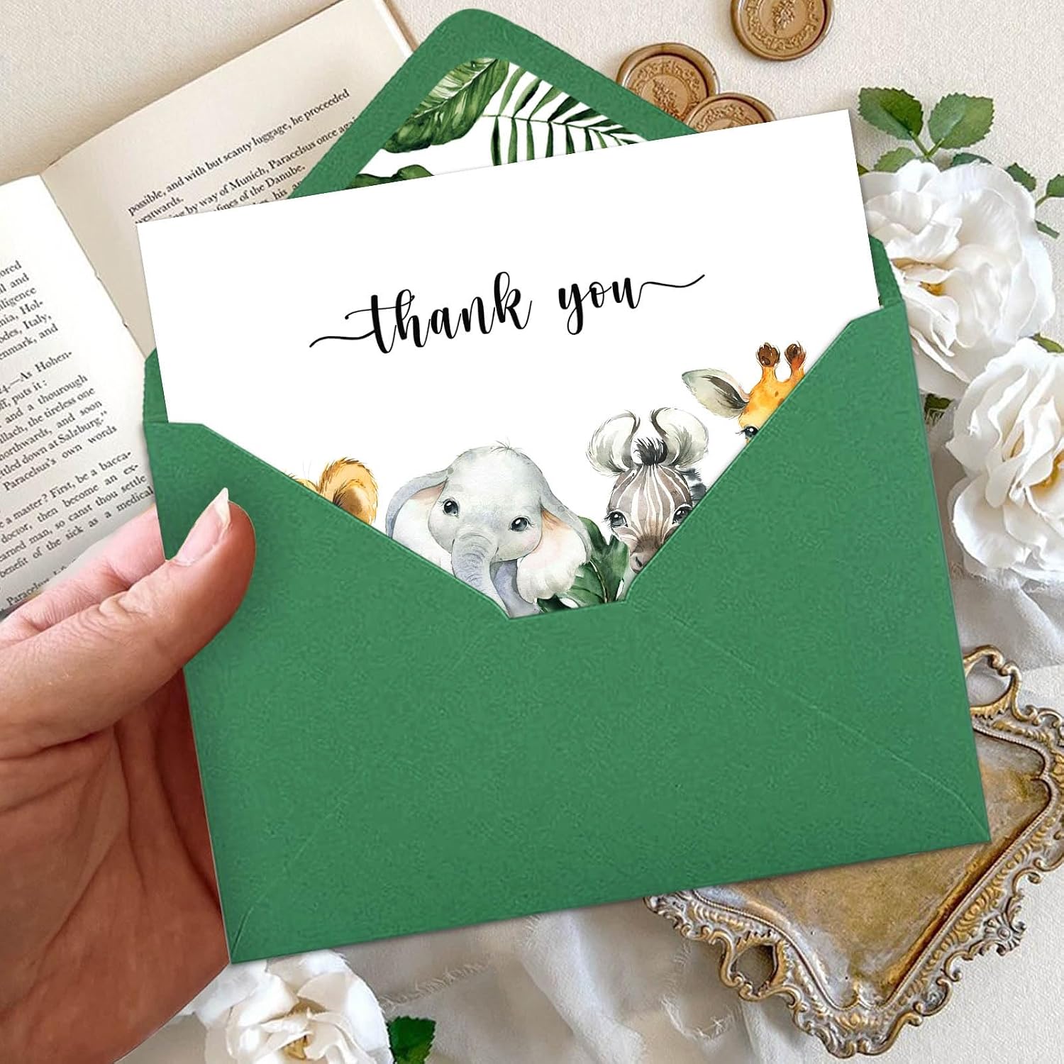 Safari Jungle Thank You Cards With Envelopes, 50 Jungle Animals Folded Baby Shower Thank You Note, 4 x 6 Wild one Notecards, Perfect for Baby Shower & Kids Birthday