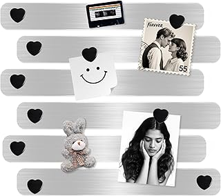 Magnetic Board for Wall, 6Pcs Stainless Iron Magnetic Strips with Adhesive Backing, Magnet Bulletin Board for Wall, Small Memo Board with 10 Black Heart Magnets for Home, Kitchen, Classroom,DIY