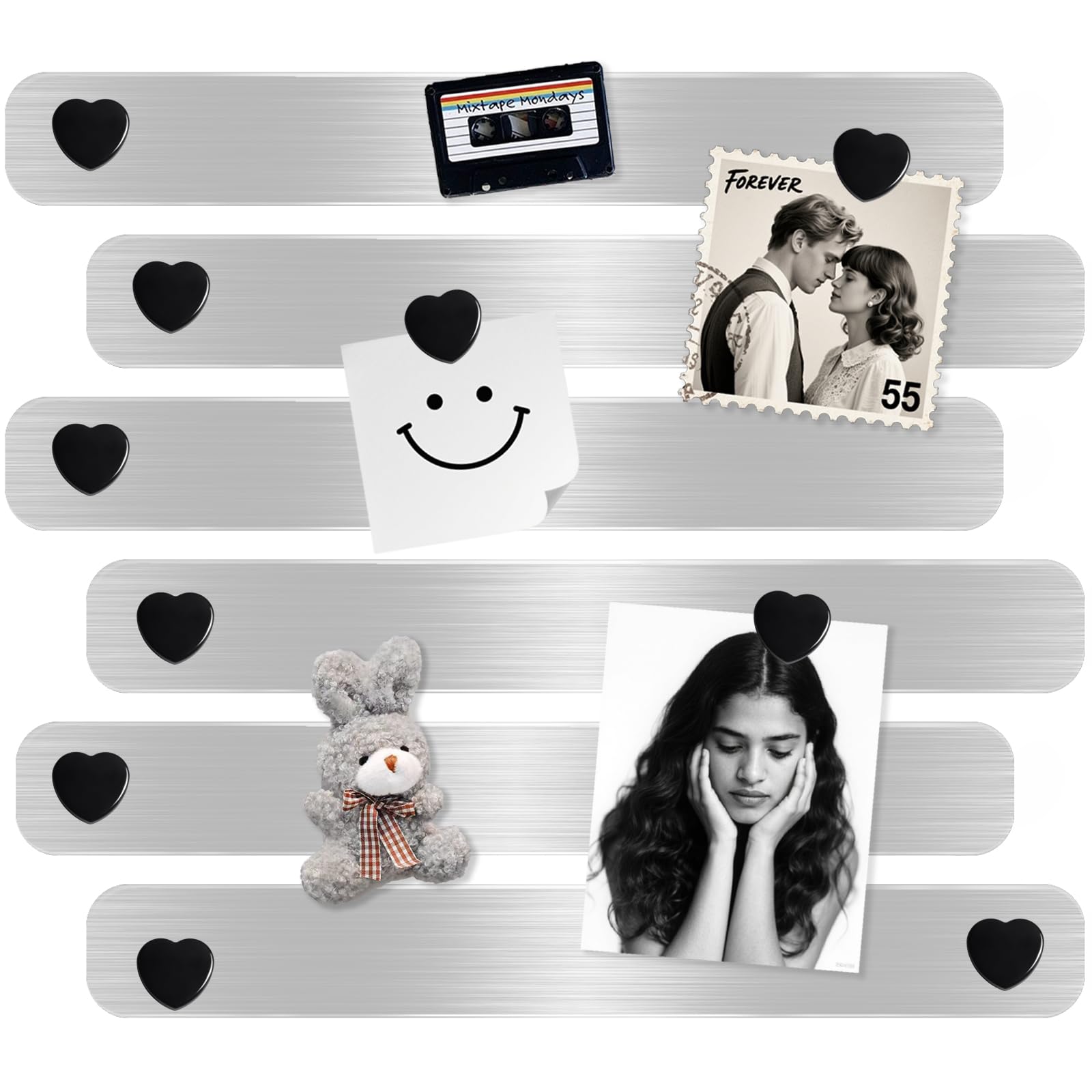 DUJEQM Magnetic Board for Wall, 6Pcs Stainless Iron Magnetic Strips with Adhesive Backing, Magnet Bulletin Board for Wall, Small Memo Board with 10 Black Heart Magnets for Home, Kitchen, Classroom,DIY
