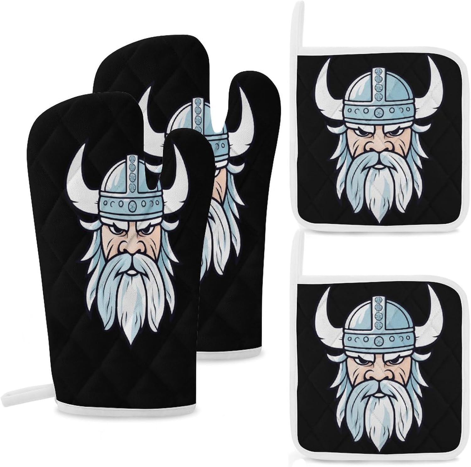 Norse Mythology God Valhalla Viking 4 Pcs Oven Mitts and Pot Holders Set High Heat Resistant Long Kitchen Oven Glove Potholders