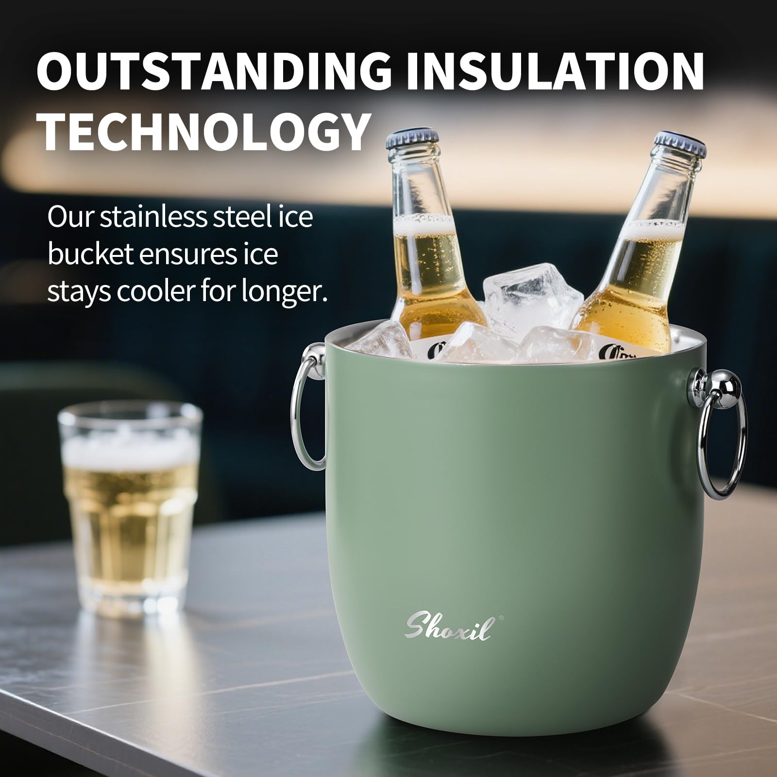 Cubo de hielo grande de 3 litros para fiestas y cócteles, enfriador de hielo de acero inoxidable con tapa y pinzas, cubo de hielo de estilo retro para congelador y bebidas