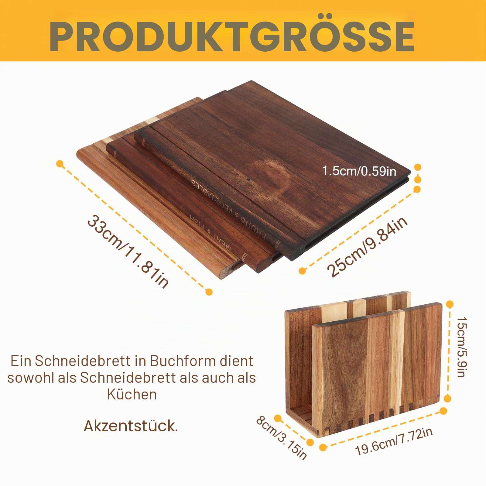 Schneidebrett im Buchdesign, 3er-Set Holzschneidebretter aus Holz, Buchförmige Schneidebretter mit Vertikalem Aufbewahrungsständer für Fleisch, Gemüse und Brot, Küchengeschenk