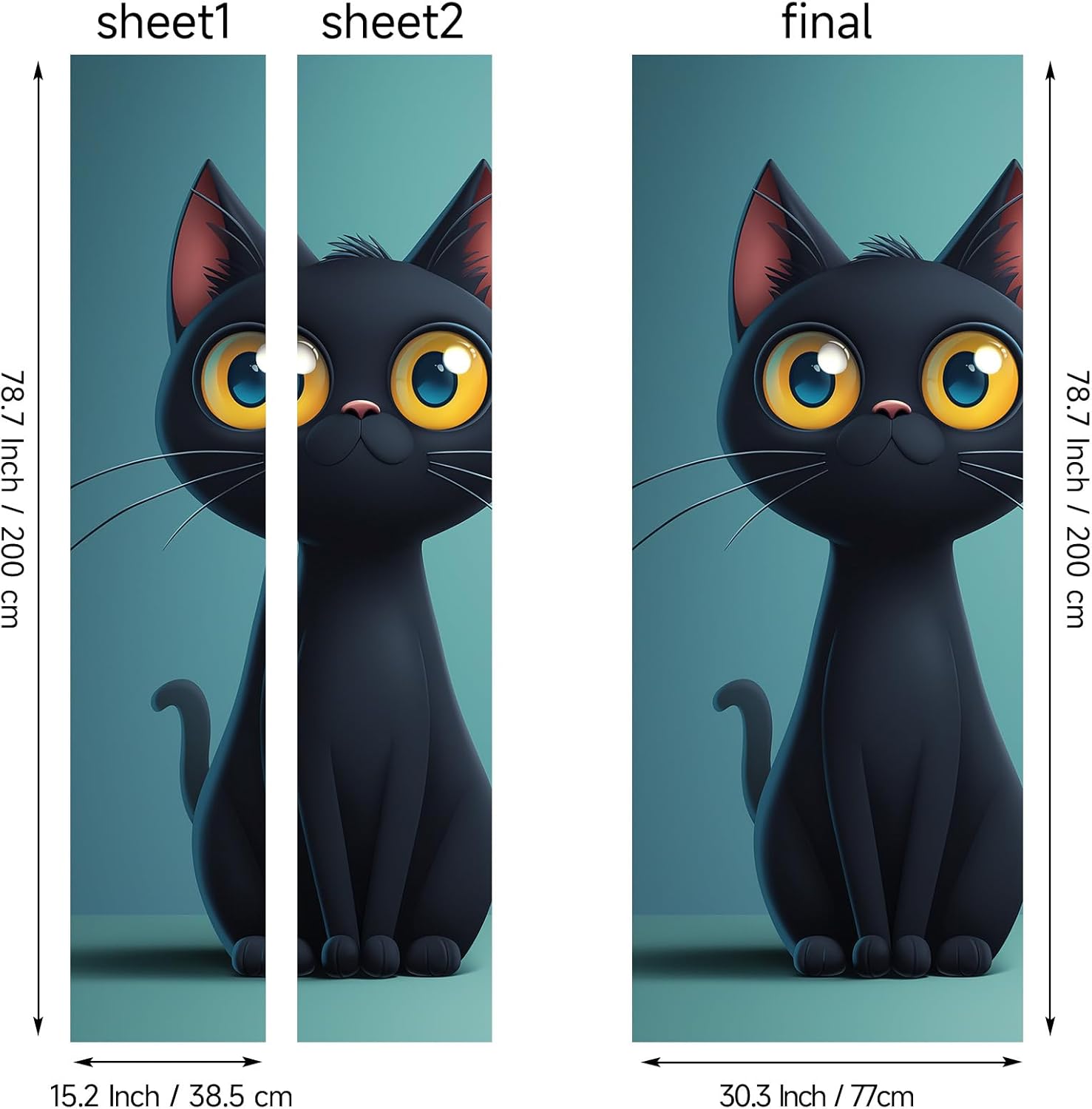 Black Cat Door Mural, Cat Door Sticker 37 x 84, Cute Animal Decal Peel and Stick, Self-Adhesive Removable PVC Wallpaper Home Decor