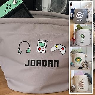 Stickerscape Spersonalizowany trug do przechowywania gier (szary – mały) | kosz do przechowywania zabawek, kosz na zabawki, kosz na pranie, 100% ciężkie bawełniane płótno | dekoracja sypialni dla dzieci, wystrój przedszkola