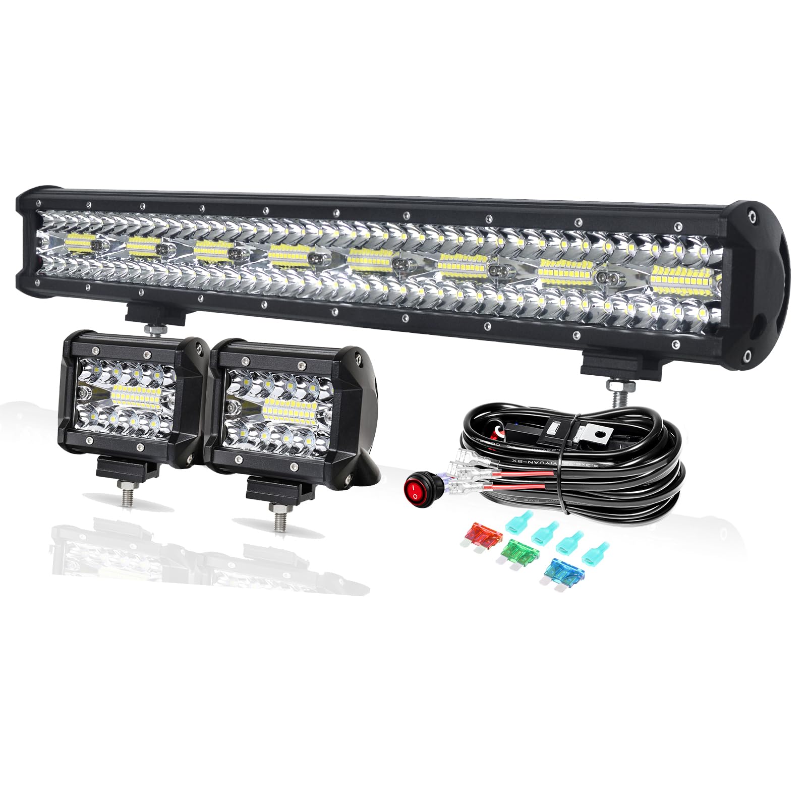 PICAA 59cm 23 Pollici 480W Barra Led Fuoristrada+2x 4" 60W Faro da Lavoro Led+Cablaggio Kit, Tripla File 6000K Bianco Auto Camion 4x4 Barra Luminosa a Led 12V 24V Fari Led