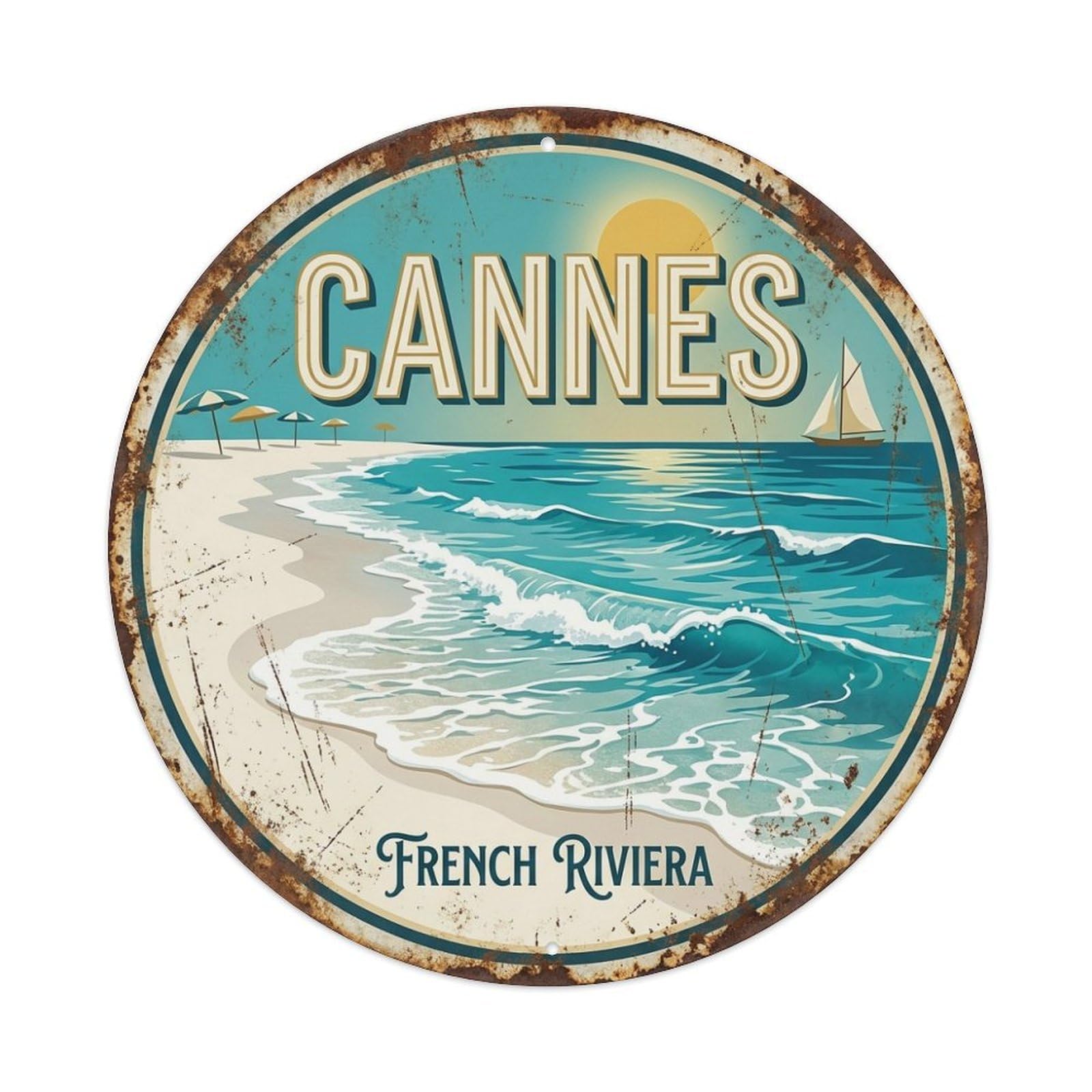 Cannes Sandy Shore Coastal Travel Vintage Metal Tin Sign
