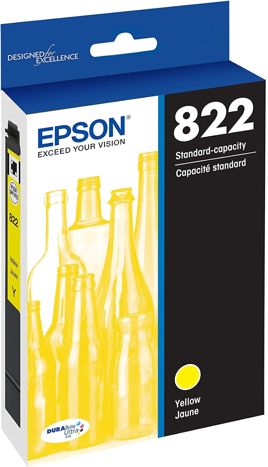 Epson T822 DURABrite Ultra Ink Standard Capacity Black Cartridge (T822120-S) & T822 DURABrite Ultra Ink Standard Capacity Yellow Cartridge (T822420-S) for Select Workforce Pro Printers