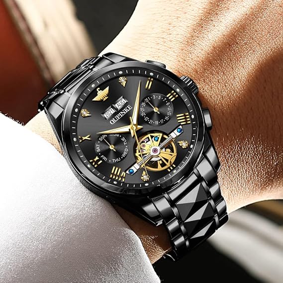 OLEVS Men Skeleton Watch Automatic Mechanical Self Winding Sapphire Crystal Luxury Dress Tungsten Steel Waterproof Two Tone Strap