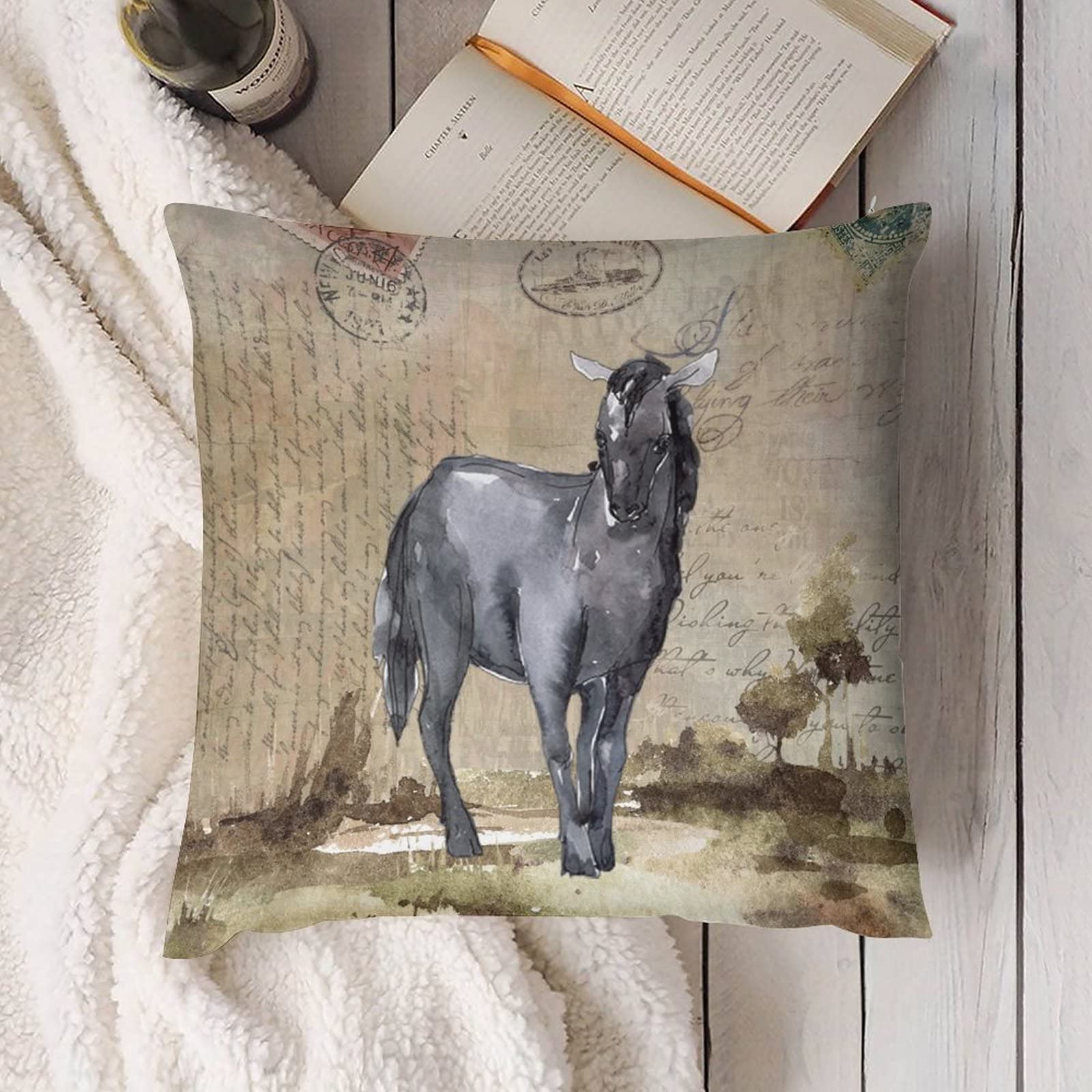 Vintage Horse Pattern Throw Pillow Cover - 16x16 Inch Snaffle Bit Equestrian Farmhouse Decor