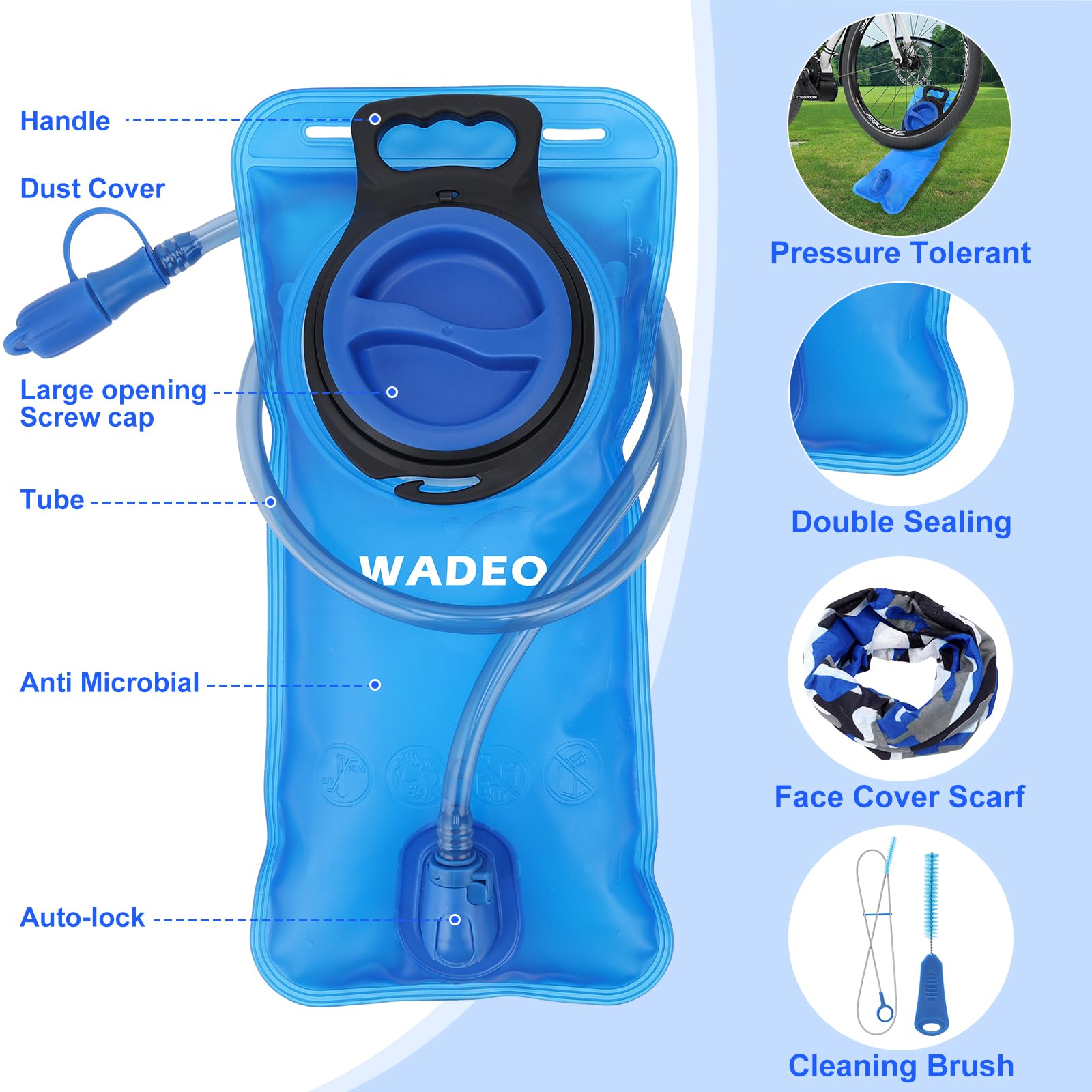 WADEO Sacca Idrica 2L, Sacca Acqua per Zaino a Prova di Perdite con Spazzola Pulita e Sciarpa Copriviso, Senza BPA, Borsa Sacca Acqua, Trekking, Corsa, Campeggio e Arrampicata, Blu
