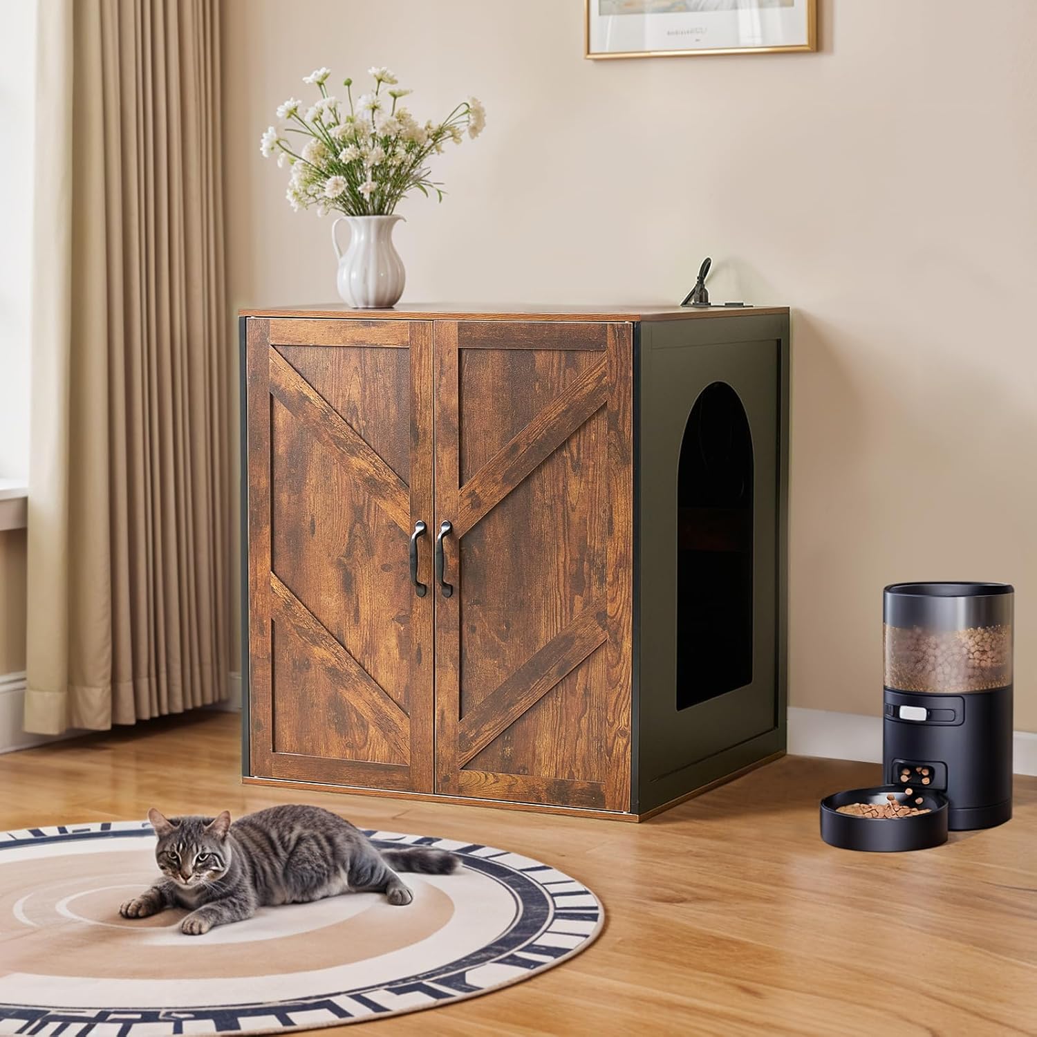 Large Cat Litter Enclosure with Charger, Automatic Enclosure for self-Cleaning Litter Boxes 3/4, Farmhouse Litter Box Cabinet Cat House with DIY Removable Doors, Rustic Brown