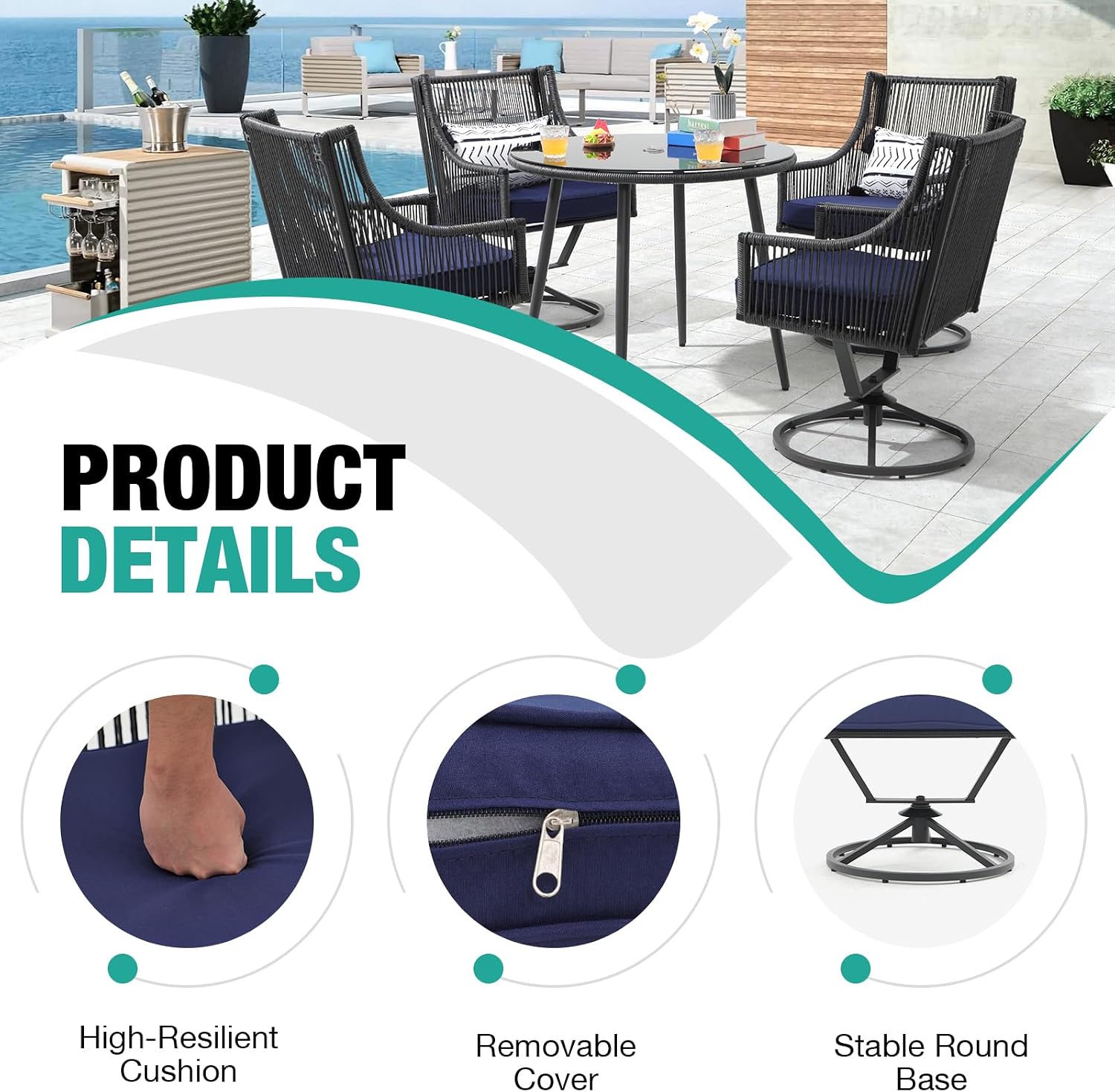 Patiorama Outdoor Swivel Dining Chairs Set of 6, Patio Wicker Dining Chairs, All-Weather Twisted PE Rattan Chairs, Outside Metal Swivel Chair with Cushion for Lawn Garden Backyard, Black/Blue