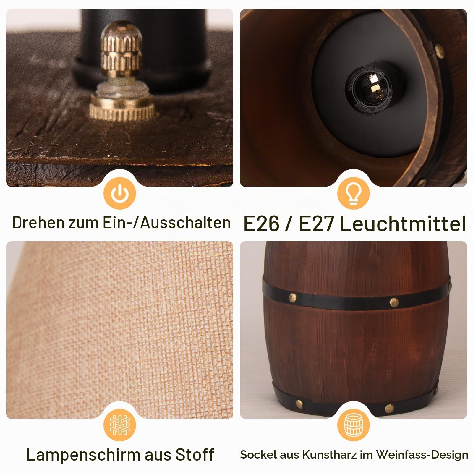 Retro Tischlampe aus Harz in Fassform mit Holzoptik, Schreibtischlampe im Landhausstil mit drei einstellbaren Lichtmodi, zwei Leuchtmittel oben und unten, geeignet für Schlafzimmer und Nachttisch