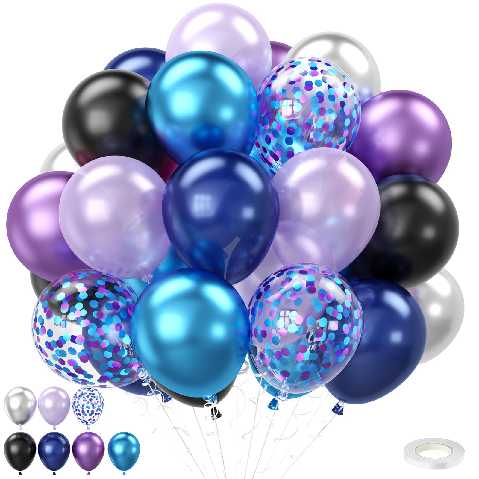 Blue and Purple Balloons, 12 Inch Space Balloons,Navy Blue Black Purple Silver Confetti Galaxy Balloon for Birthday Outer Space Theme Video Game Party
